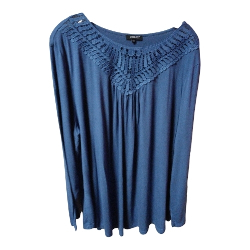 AB) Aamilife Plus Size Blue Crochet Yoke Tunic Top 4X Boho Flowy